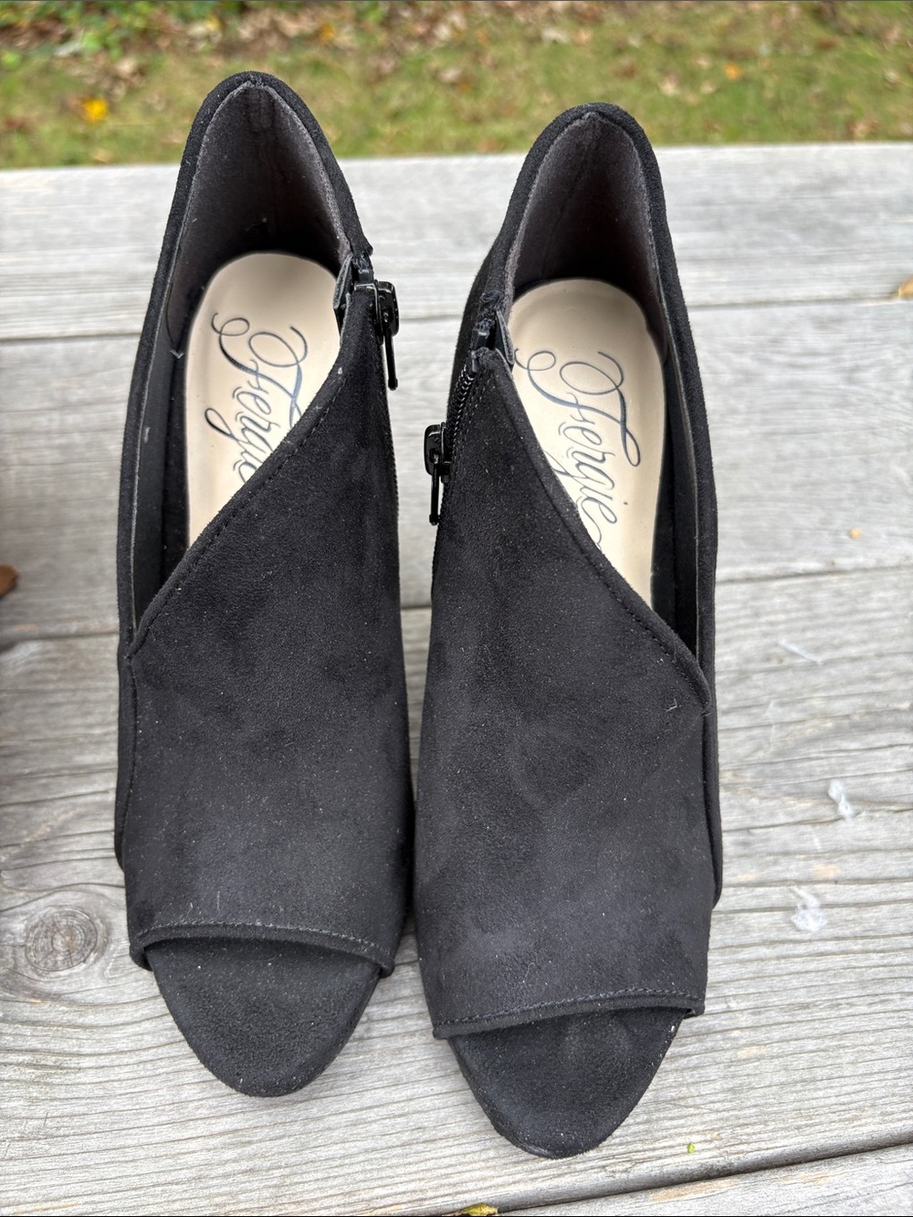 Fergie Tragic Black Suede Peep-Toe Ankle Booties with Side Zip - Picture 4 of 9